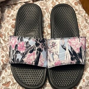 Nike Women's Floral Slide Sandals - Black and Pink